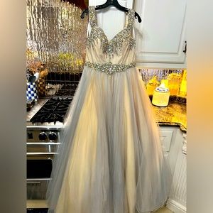 Size 12 Terani couture evening gown. Silver/nude